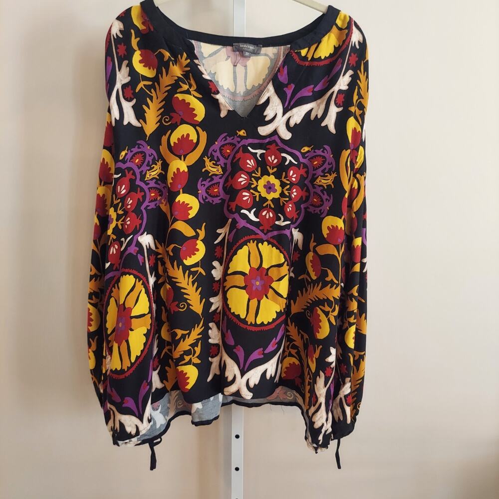 Haute Hippie‎ Plus Size Peasant Blouse 2X Boho Bold Multicolor Long Sleeve